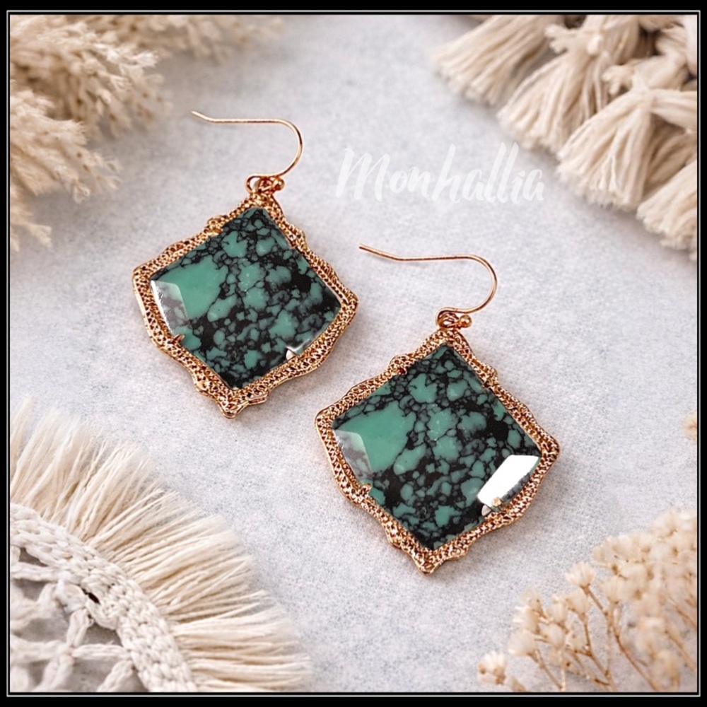 NEW ROSE GOLD BLUE TURQUOISE HOWLITE STONE MARBLED GRANITE EARRINGS - Picture 2 of 5